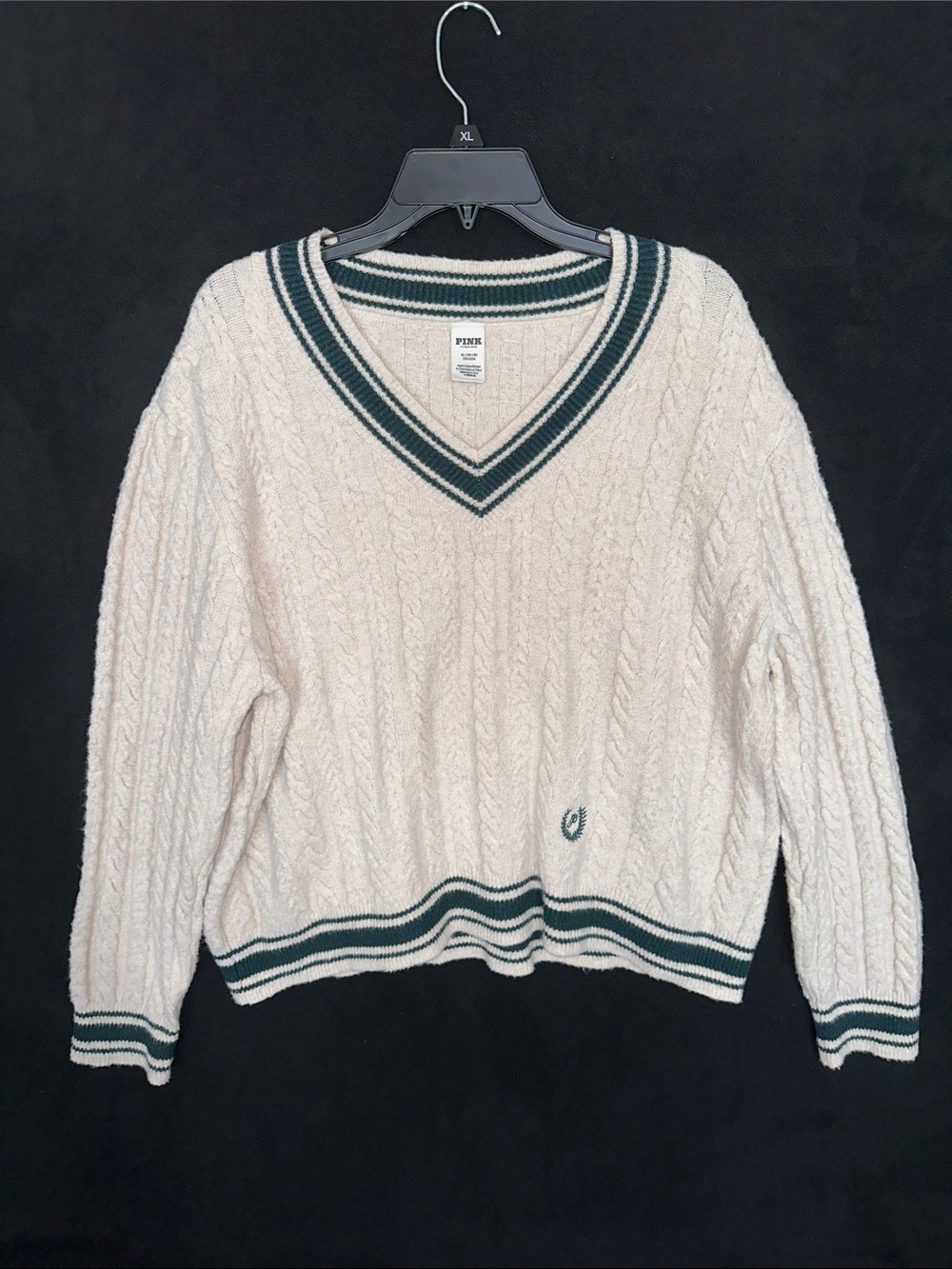 PINK Victoria's Secret Cream Cable-Knit V-Neck Sweater with Green Trim